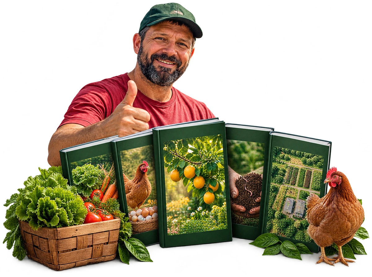 Plano Autossustentável: apresentação ilustrativa dos cinco guias com agricultor, horta e galinhas